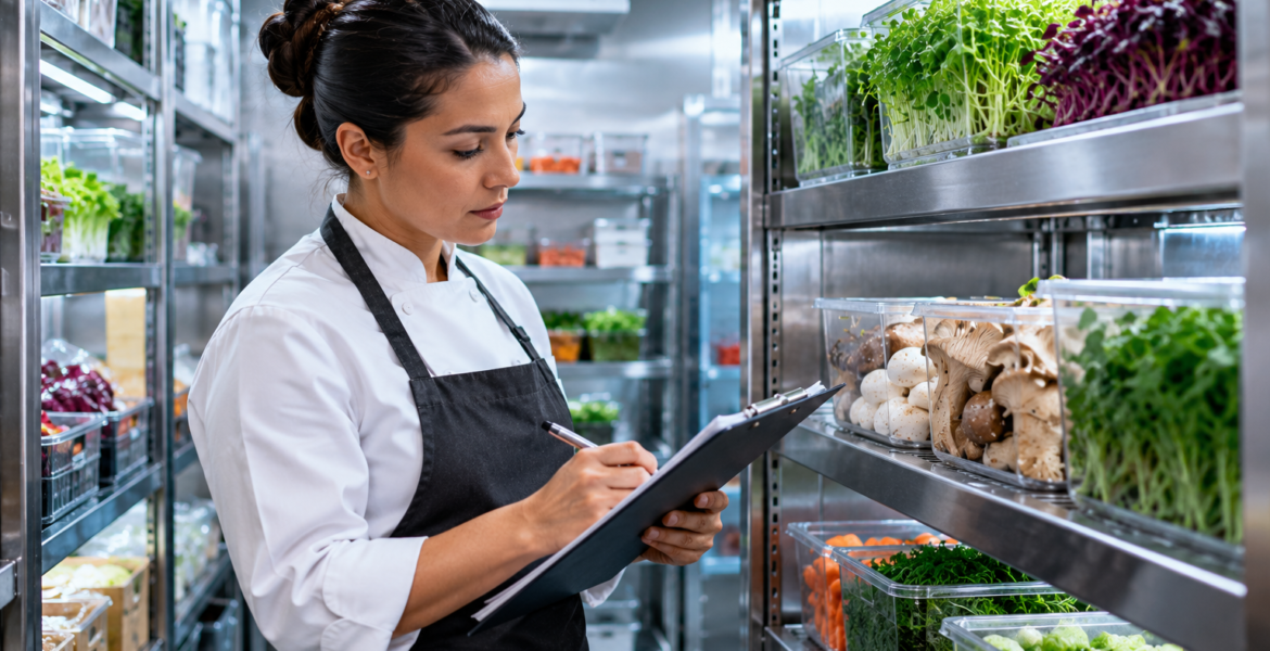 Cutting Waste on the Pass: How Fresher Mushrooms and Microgreens Protect Your Margins 1 Chef Inspecting Fresh Produce in Walk In Cooler