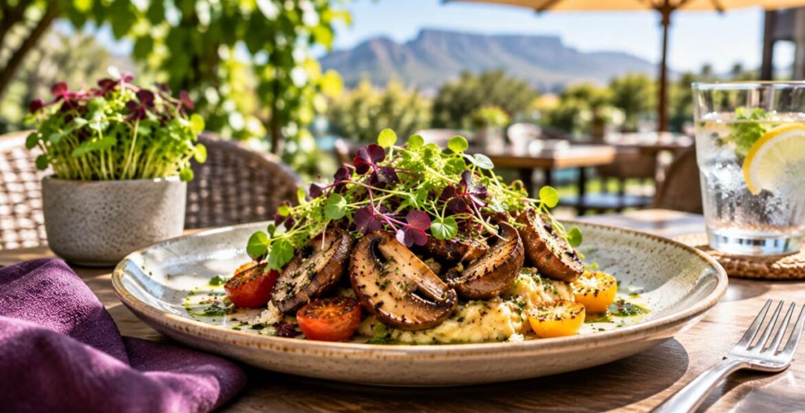 Bright summer dish featuring mushrooms and microgreens on an outdoor restaurant table