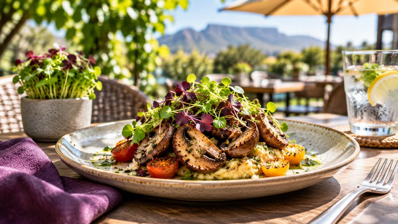 Home 10 Bright summer dish featuring mushrooms and microgreens on an outdoor restaurant table